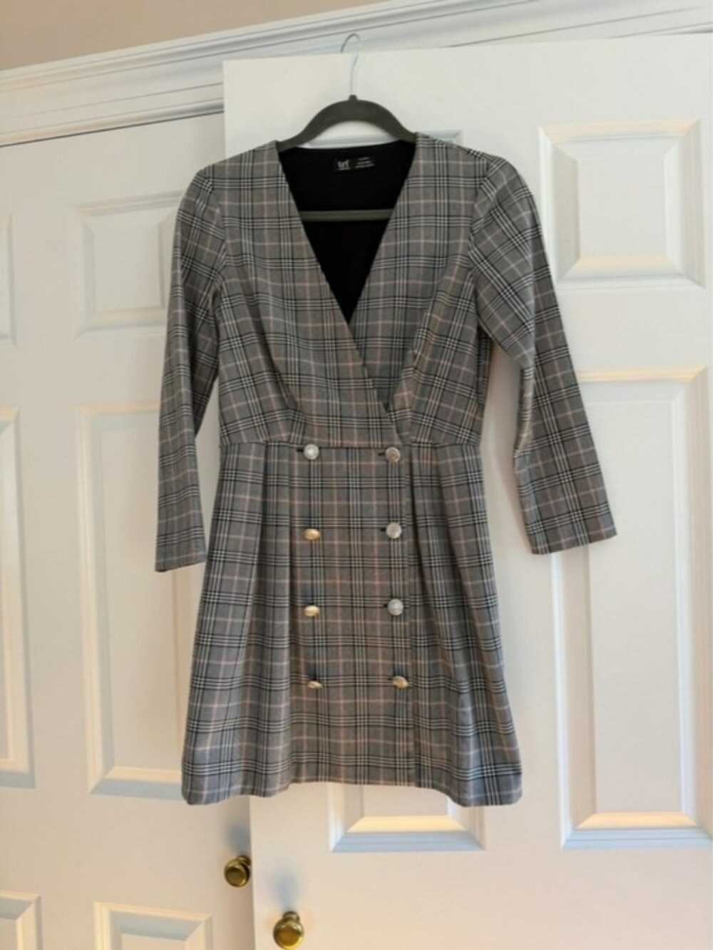 Zara Gray Plaid Double-Breasted V-Neck Long Sleeve Dress